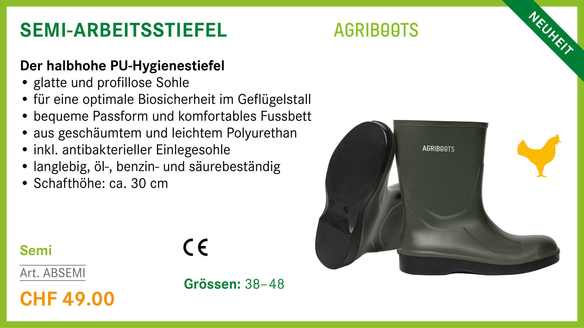 Ein Paar grüner Halbarbeitsstiefel mit der Aufschrift AGRIBOOTS wird angezeigt, daneben sind die Produkteigenschaften aufgeführt, darunter der Preis (CHF 49.00), die Grössen (38-48) und das Wort Neuheit.