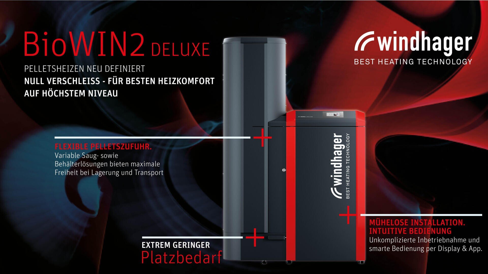 Zwei schwarze Windhager BioWIN2 Deluxe Pelletsheizungen stehen vor einem dunklen Hintergrund mit roter und weißer Schrift, die Merkmale wie kompakte Größe, flexible Pelletszufuhr und einfache Installation hervorhebt.