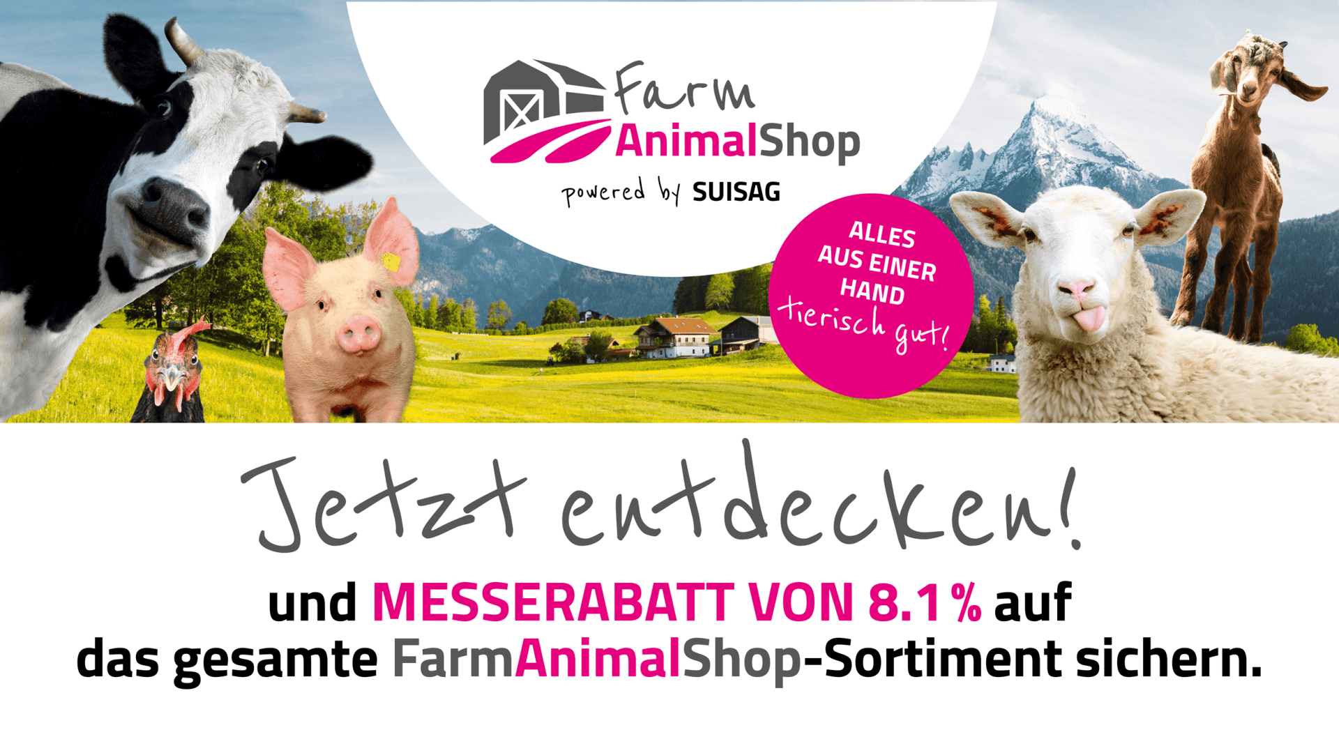 Ein Werbebanner für Farm Animal Shop zeigt ein Schwein, einen Hund, eine Ziege und eine Kuh vor einem malerischen Berghintergrund. Der Text bietet einen Rabatt von 8,1 % auf alle Produkte und ermutigt die Kunden, den Laden zu entdecken.