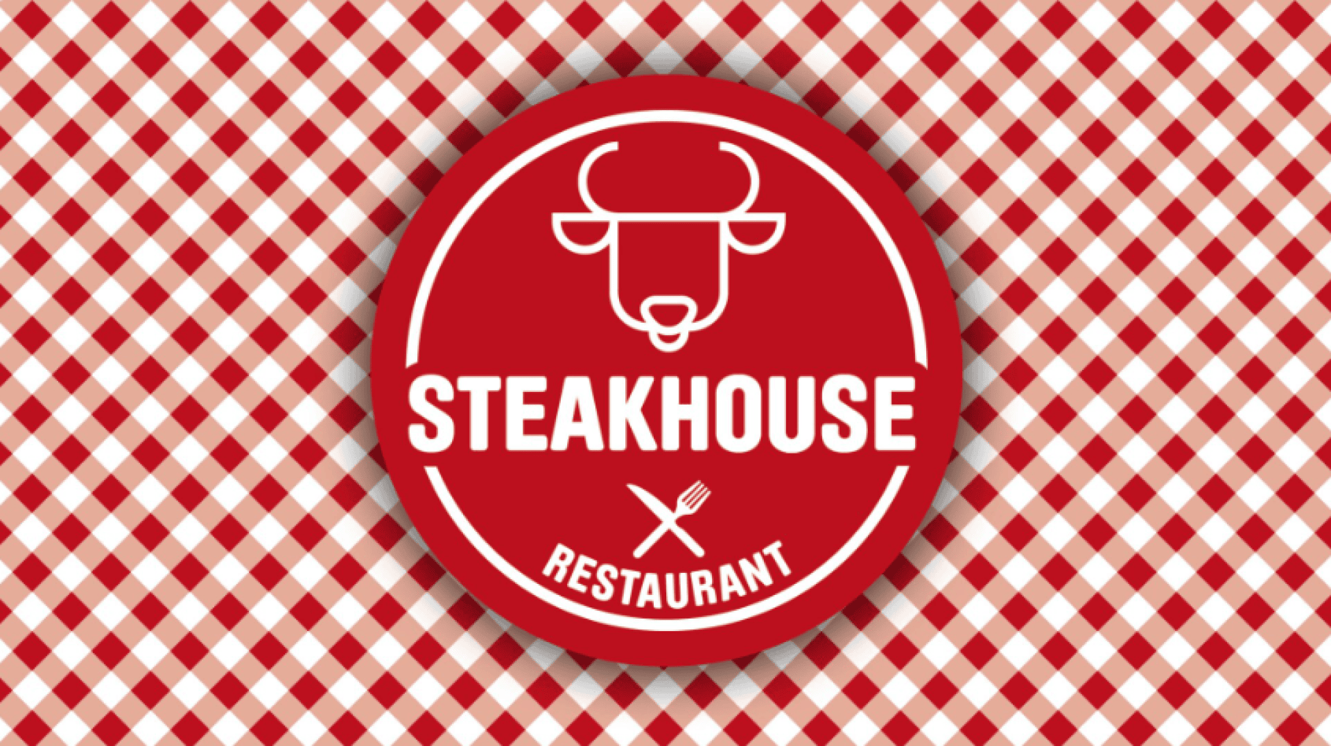 Ein rotes kreisförmiges Logo mit einer einfachen Stierkopfillustration und dem Schriftzug STEAKHOUSE RESTAURANT auf einem rot-weiß karierten Hintergrund. Unter dem Wort STEAKHOUSE sind eine Gabel und ein Messer gekreuzt.