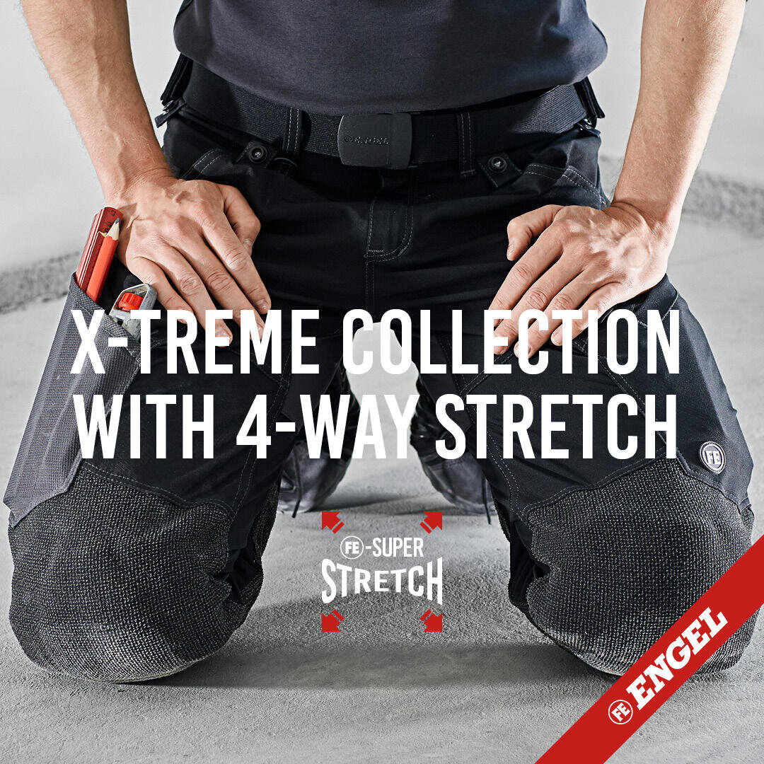 Eine Person kniet auf dem Boden und trägt eine schwarze Arbeitshose mit verstärkten Knieschonern. Der große Text lautet "X-TREME COLLECTION WITH 4-WAY STRETCH". Das Branding von Engel erscheint in der unteren rechten Ecke.