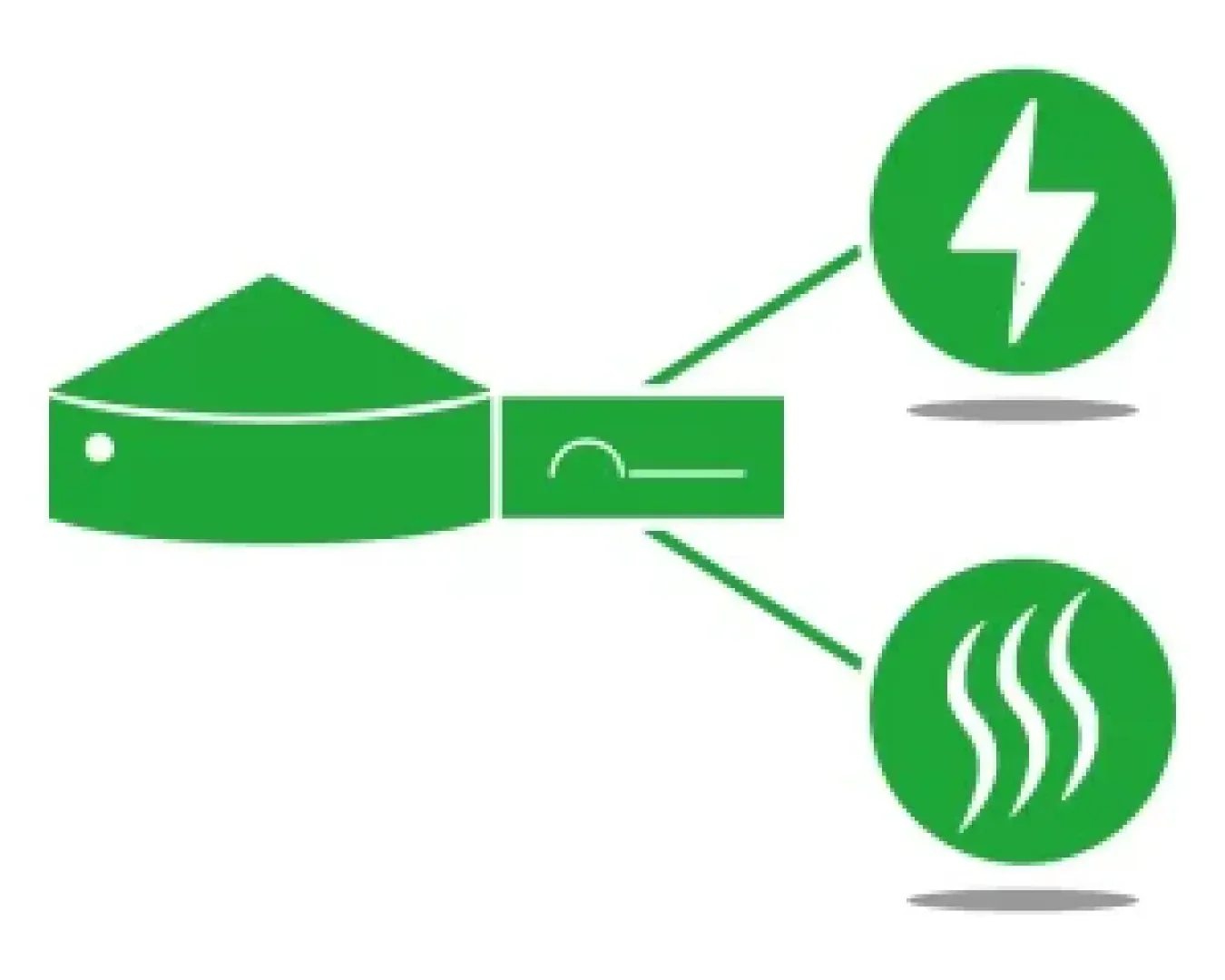 Eine grüne stilisierte Illustration eines Saunaofens mit zwei Linien, die auf Symbole verweisen: eine mit einem Blitz, der für Elektrizität steht, und eine mit Dampflinien, die für Wärme oder Dampf stehen.