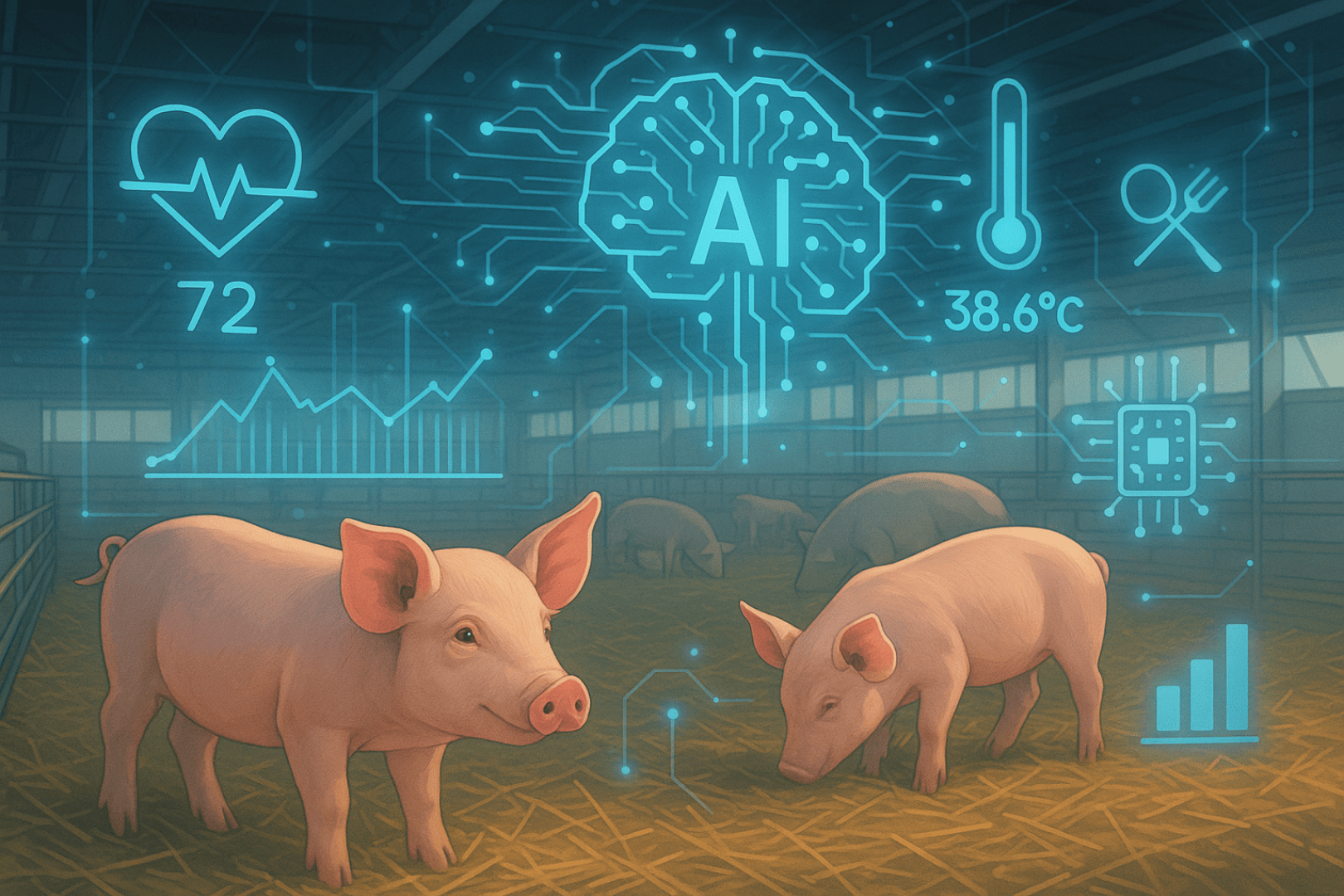 Zwei Schweine in einem Stall mit digitalen Overlays, die AI, Herzfrequenz, Temperatur und Diagramme anzeigen und die Technologie und Datenüberwachung in der Viehzucht darstellen.