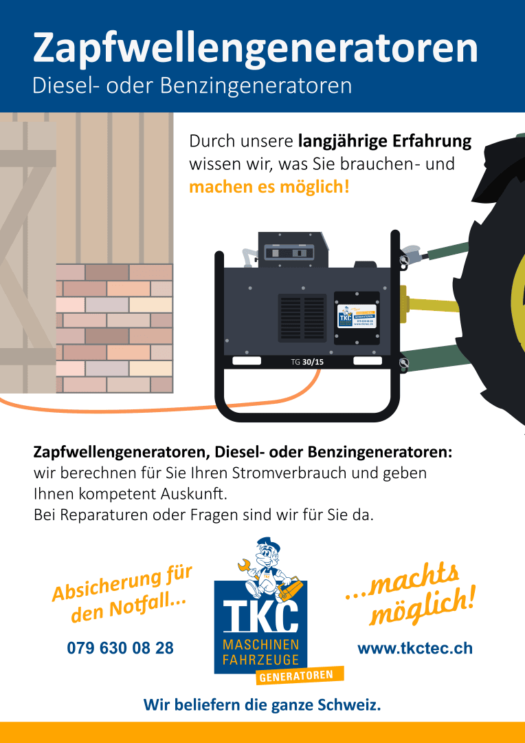 Illustration eines an ein Haus angeschlossenen Generators, der für Diesel- oder Benzingeneratoren wirbt. Der Text hebt Notstromversorgung, Fachwissen und Service hervor. Das Logo von TKC Maschinen Fahrzeuge und die Kontaktdaten befinden sich am unteren Rand.