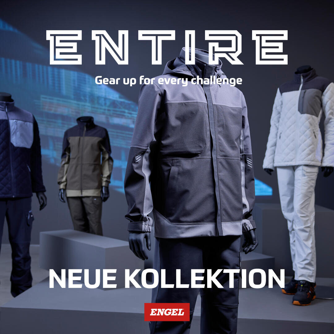 Vier Schaufensterpuppen zeigen moderne Berufsbekleidung in einem blau beleuchteten Ausstellungsraum. Über einem Engel-Logo steht in Fettschrift "ENTIRE Gear up for every challenge" und "NEUE KOLLEKTION".