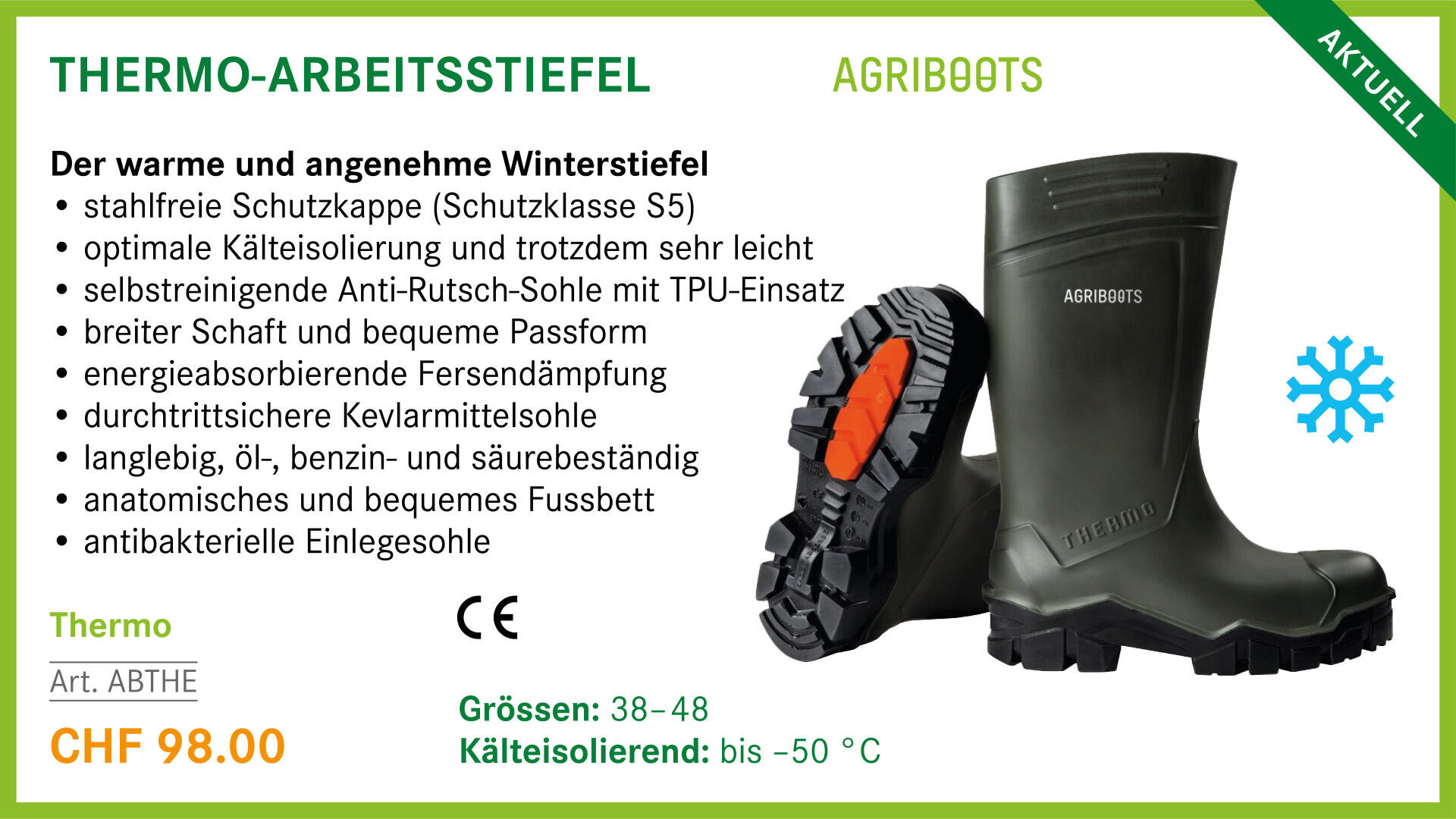 Grüne Thermo-Arbeitsstiefel mit dicken schwarzen Sohlen sind auf weissem Hintergrund abgebildet. Der Text beschreibt Eigenschaften, Preis (CHF 98.00), Grössenbereich (38-48) und Kälteisolierung (-50°C). Der Hintergrund enthält grüne und gelbe Akzente.