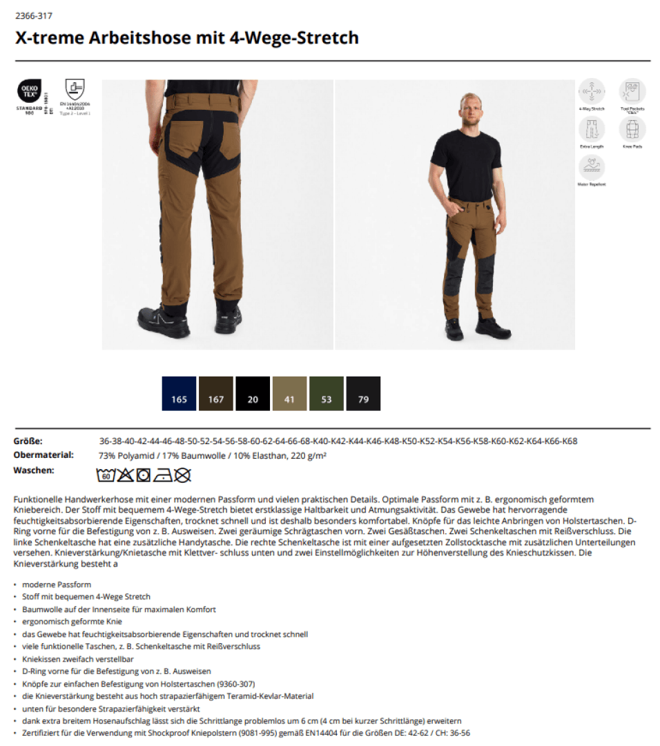 Ein Mann modelliert eine braune und schwarze Arbeitshose mit schmaler Passform, die sowohl von vorne als auch von hinten gezeigt wird. Die Seite zeigt Farboptionen, Größentabelle und Produktdetails auf Deutsch für X-treme Arbeitshose mit 4-Wege-Stretch.
