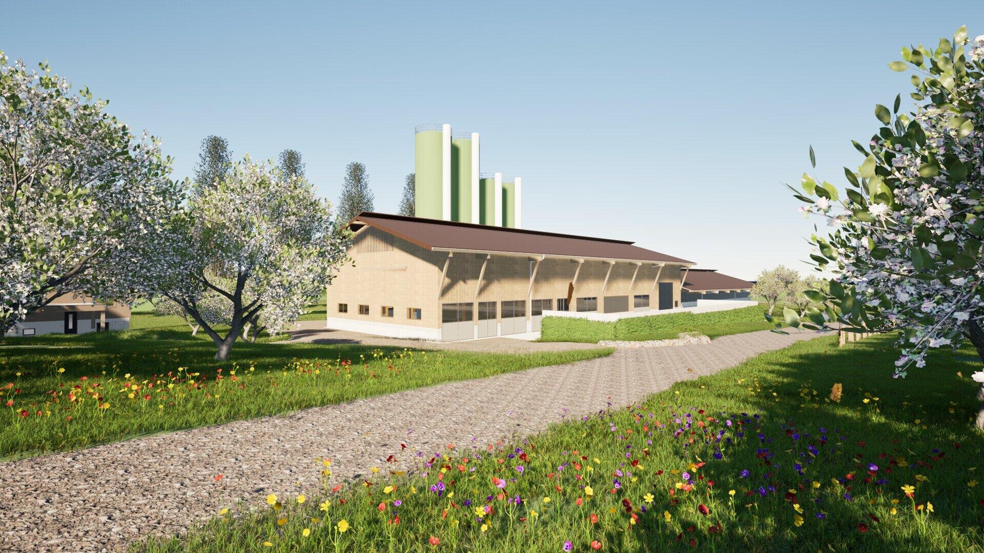 Ein modernes scheunenartiges Gebäude mit hohen grünen Silos steht neben einem Feldweg, umgeben von grasbewachsenen Feldern, Wildblumen und blühenden Bäumen, unter einem klaren blauen Himmel.