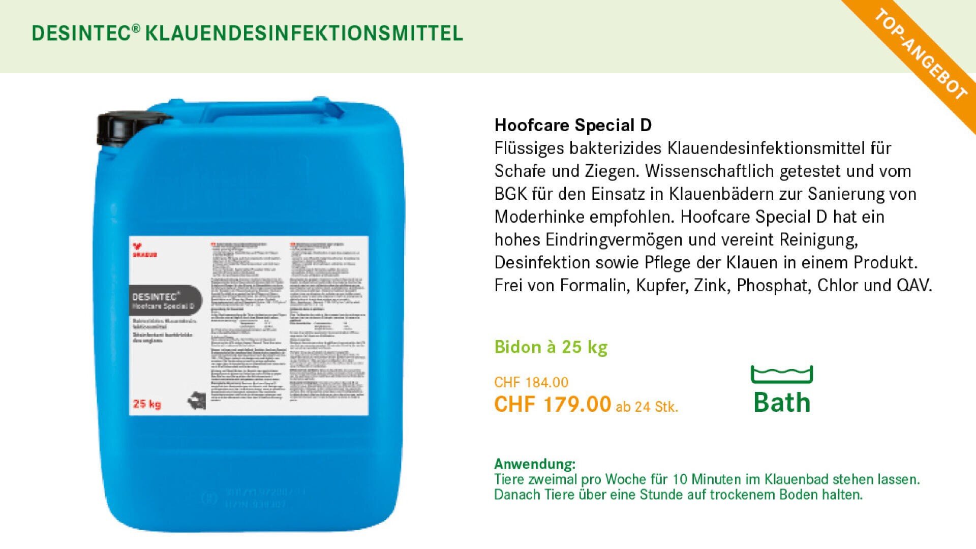 Ein blauer 25-kg-Kunststoffbehälter mit DESINTEC Hoofcare Special D-Reiniger ist ausgestellt. Der deutsche Text beschreibt es als ein Hufdesinfektionsmittel für Schafe und Ziegen, wobei die Anweisungen und der Preis in Orange und Grün hervorgehoben sind.