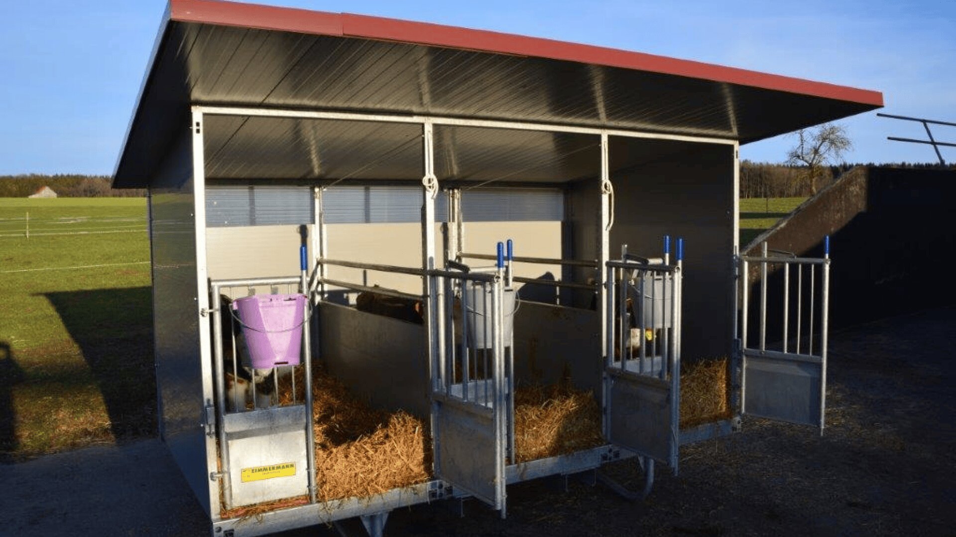 Ein kleiner Viehstall mit drei separaten Ställen, jeder mit Stroheinstreu und Metalltoren. Ein lila Futtereimer hängt am linken Tor. Der Stall steht an einem sonnigen Tag im Freien, mit Feldern im Hintergrund.