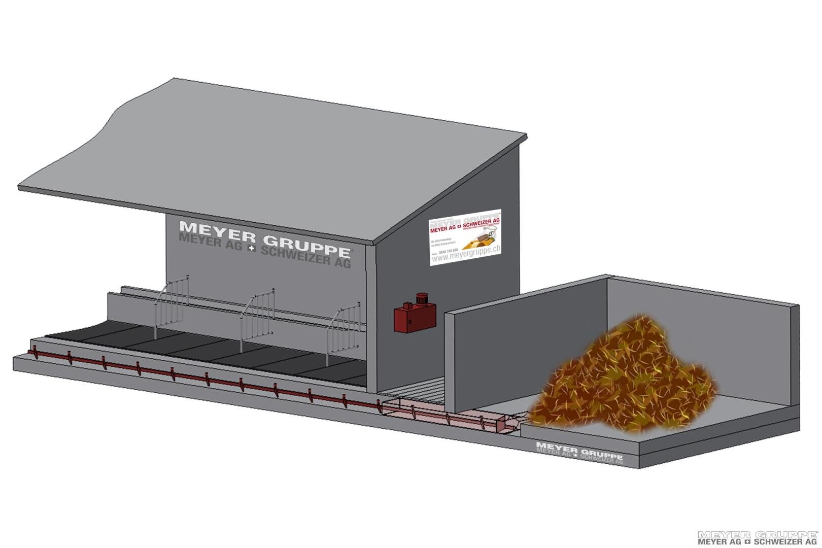 Eine 3D-Illustration einer Metallrecyclinganlage mit einem überdachten Bereich mit der Bezeichnung Meyer Gruppe und einem großen Haufen Metallschrott in einem angrenzenden offenen Bereich. Förderbänder transportieren Materialien zwischen den Abschnitten.