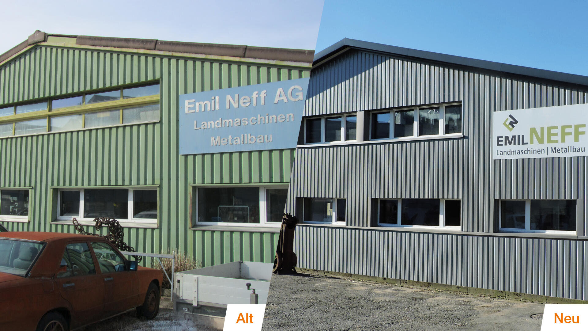 Gegenüberstellung eines alten grünen Industriegebäudes (links, Bezeichnung Alt) und eines renovierten grauen Gebäudes mit neuer Fassade und aktualisierter Beschilderung (rechts, Bezeichnung Neu), beide mit der Bezeichnung Emil Neff AG.