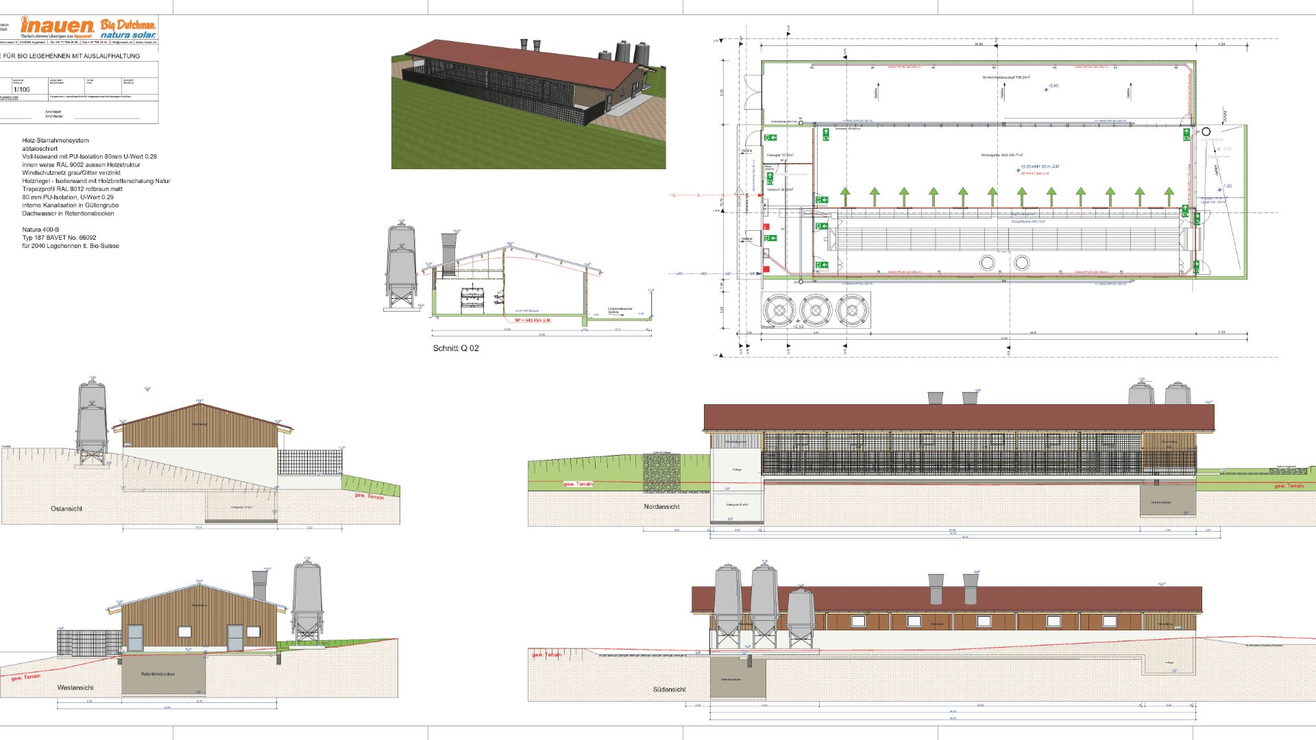 Architektonische Zeichnung eines landwirtschaftlichen Gebäudes mit mehreren Ansichten, einem Grundriss und einer 3D-Darstellung, die Merkmale wie Silos, Lüftungsanlagen und beschriftete Abschnitte mit Messungen und Anmerkungen zeigt.