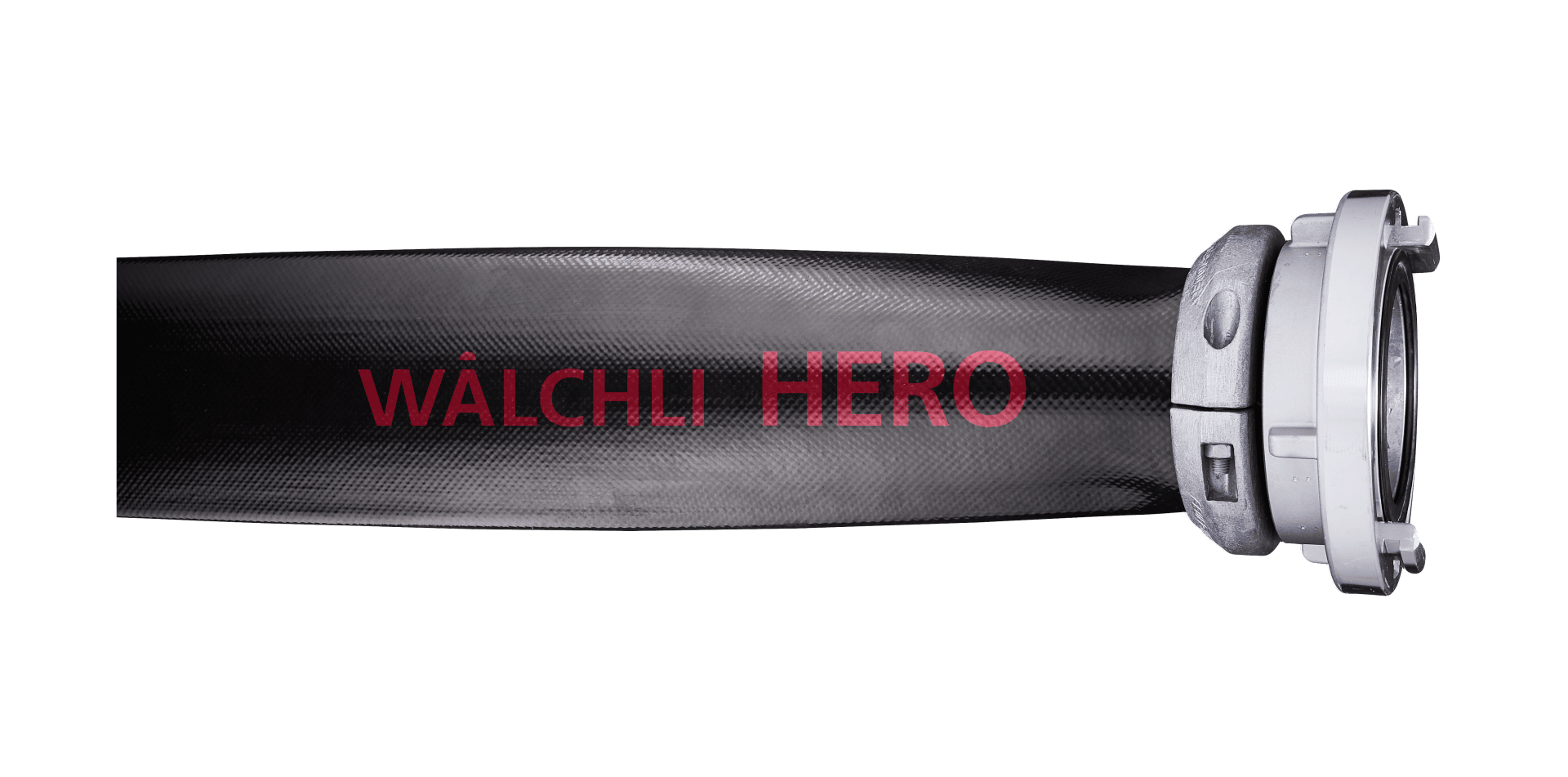 Ein schwarzer Industrieschlauch mit einem metallischen Anschlussstück an einem Ende und der Aufschrift WÄLCHLI HERO in roter Farbe an der Seite.