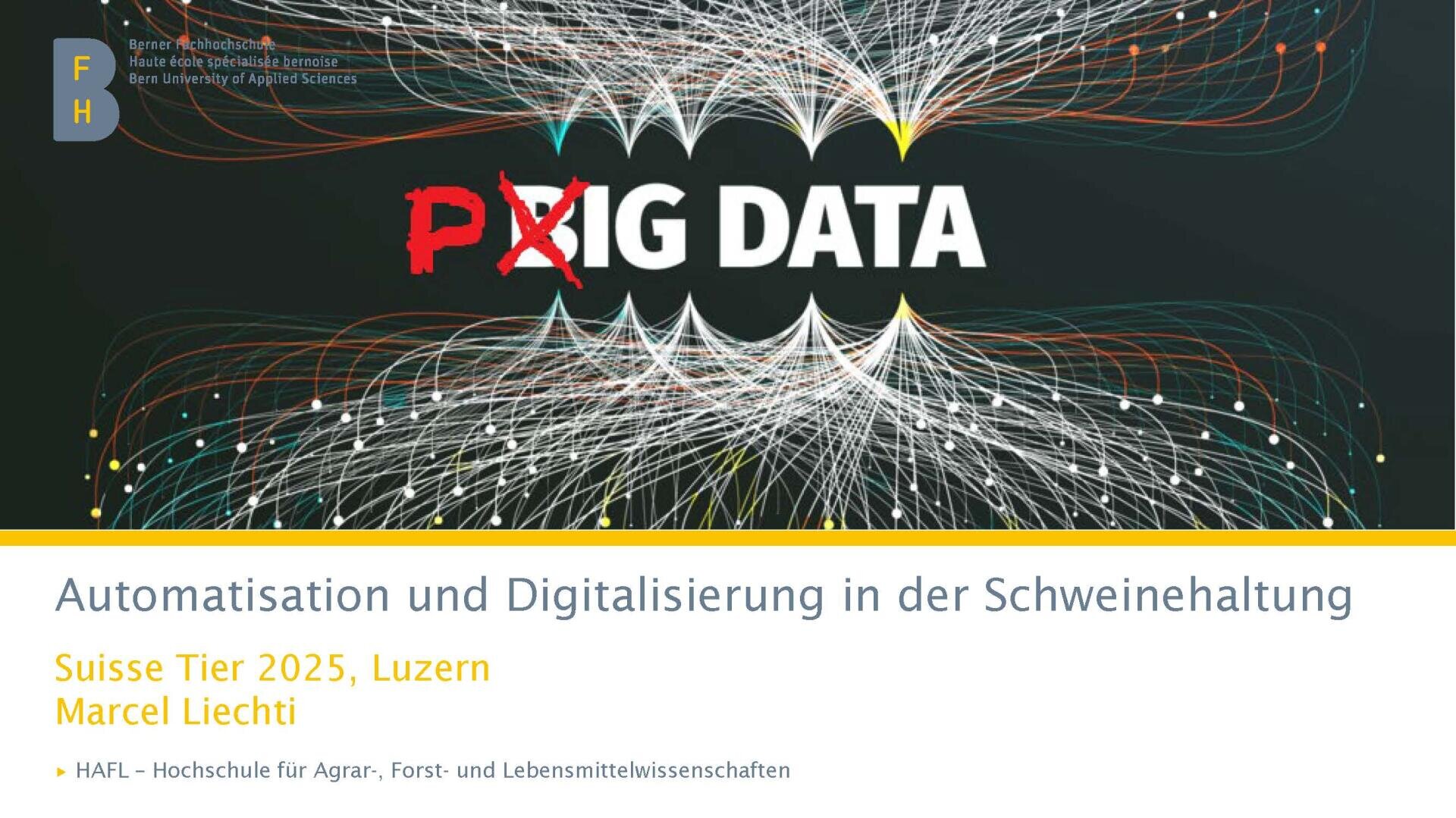 Auf einer Präsentationsfolie mit dem Titel "Automatisierung und Digitalisierung in der Schweinehaltung" ist das Wort BIG DATA zu sehen, wobei das B durchgestrichen und durch ein P ersetzt ist. Hinter dem Text breiten sich bunte, miteinander verbundene Linien aus.