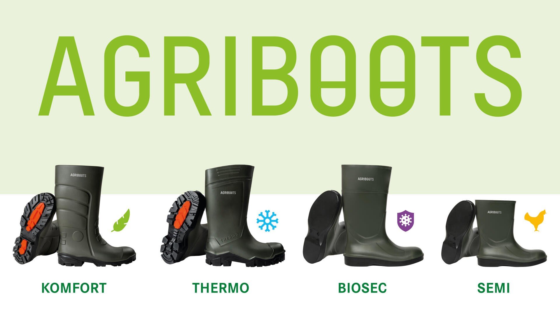 Vier Arten von grünen AGRIBOOTS werden mit einzigartigen Sohlen und Symbolen dargestellt, die mit KOMFORT, THERMO, BIOSEC und SEMI bezeichnet werden und jeweils für unterschiedliche Zwecke geeignet sind. Das Wort "AGRIBOOTS" ist in großer Schrift darüber zu lesen.