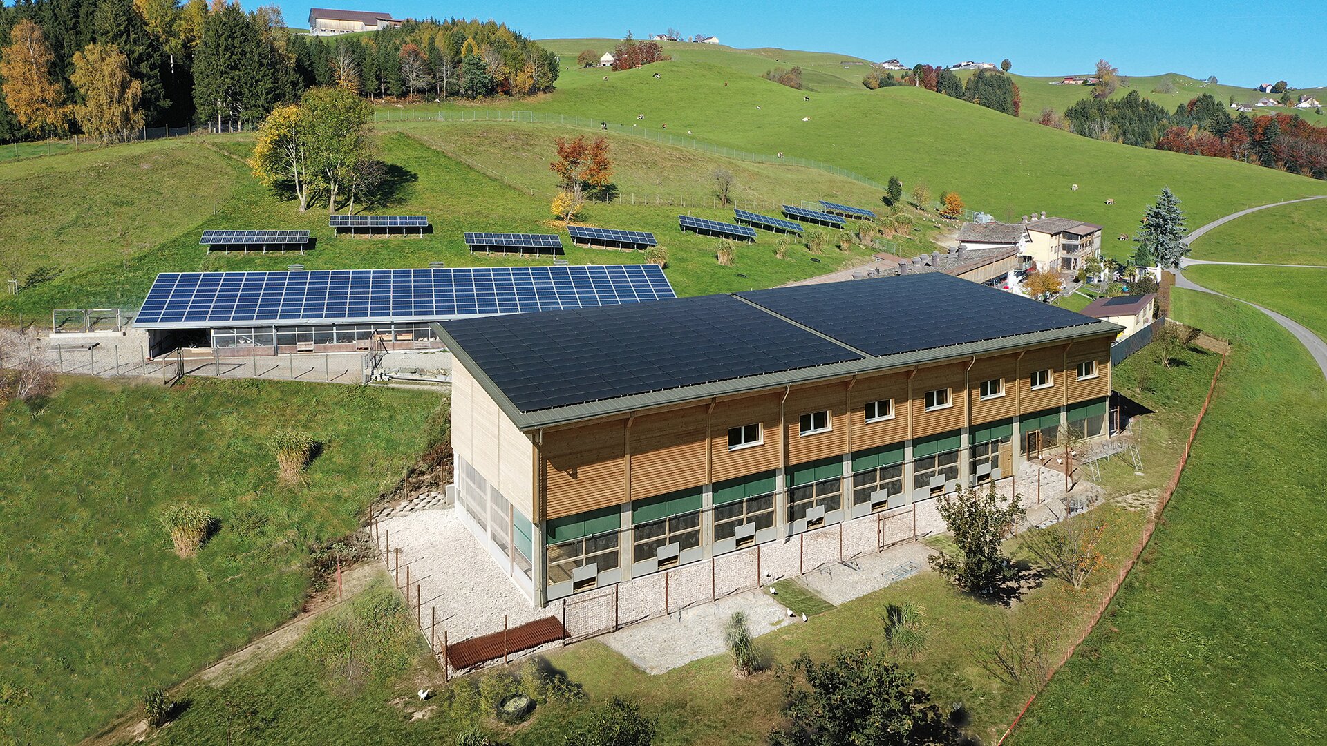 Ein großes Gebäude mit Sonnenkollektoren auf dem Dach steht auf einer grasbewachsenen Anhöhe. An den Hängen in der Nähe sind weitere Solarzellen installiert. Bäume mit Herbstlaub und sanfte grüne Hügel umgeben die Szene unter einem klaren blauen Himmel.