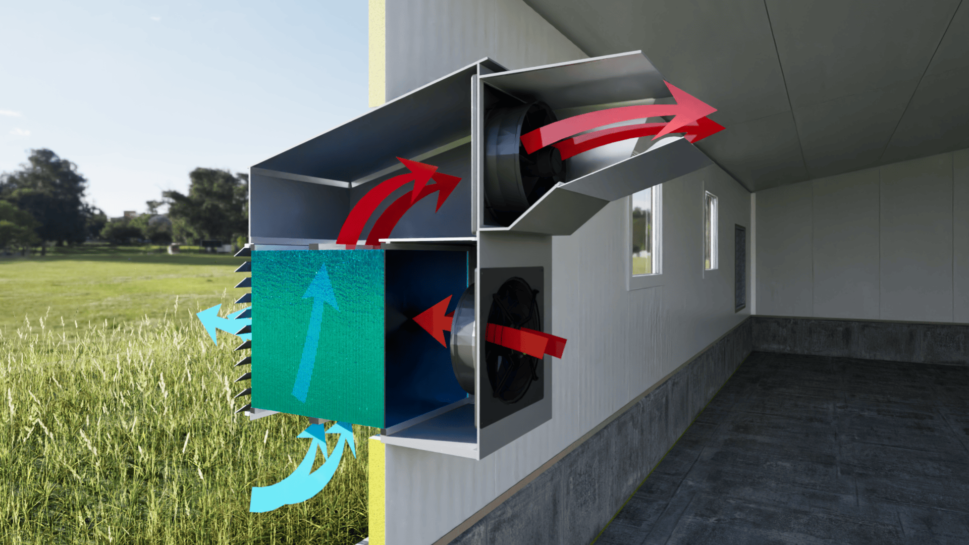 Schnitt durch eine Gebäudewand mit einem Lüftungssystem mit blauen Pfeilen für die einströmende Frischluft und roten Pfeilen für die ausströmende Raumluft, die den Wärmeaustausch und den Luftstrom veranschaulichen.