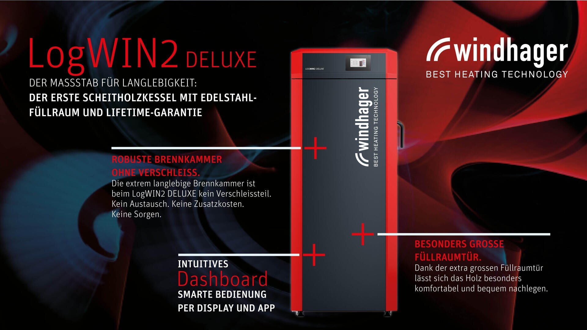 Ein schwarz-roter Windhager LogWIN2 DELUXE Holzkessel steht in der Mitte auf einem dunklen Hintergrund mit wirbelndem roten Licht. Der deutsche Text hebt seine Eigenschaften hervor, darunter eine robuste Brennkammer, ein intuitives Armaturenbrett und eine große Brennstoffkammer.