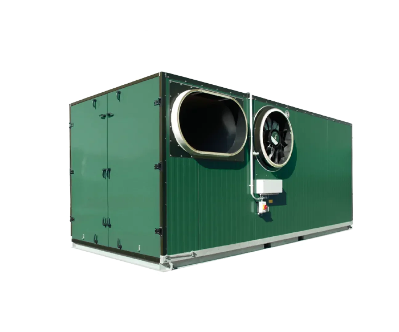 Großes grünes Industrieklimagerät mit zwei runden Lüftungsöffnungen an der Seite, eine offen und eine mit Ventilator. Das Gerät hat Doppeltüren und steht auf einem Metallsockel.