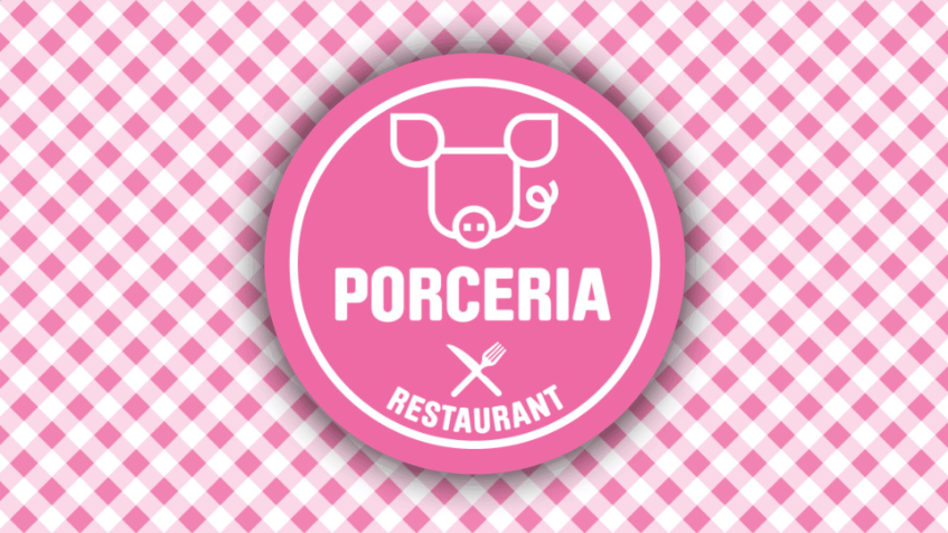 Ein rosa-weißes Logo mit einem Schweinegesicht über dem Wort "PORCERIA" und "RESTAURANT" mit einem Gabel- und Messersymbol. Der Hintergrund ist ein rosa und weiß kariertes Muster.