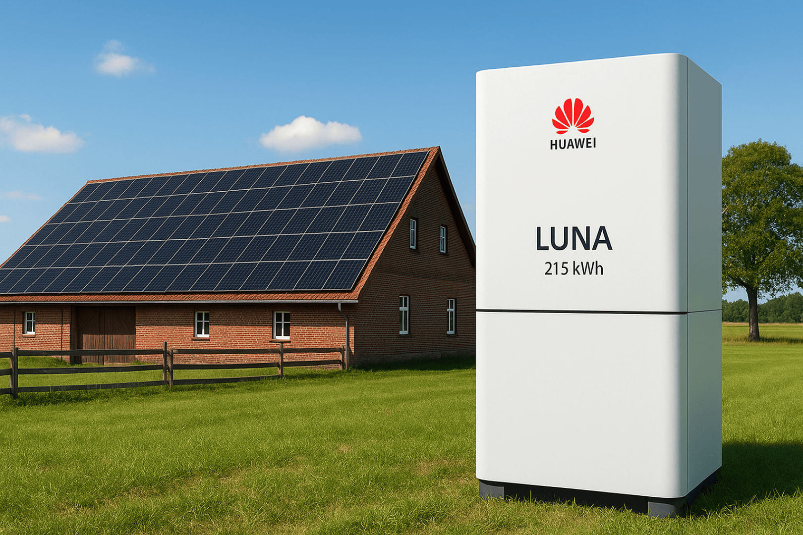 Ein Bauernhaus mit Sonnenkollektoren auf dem Dach steht hinter einem großen weißen Huawei LUNA 215 kWh Energiespeicher auf einer Wiese unter blauem Himmel.