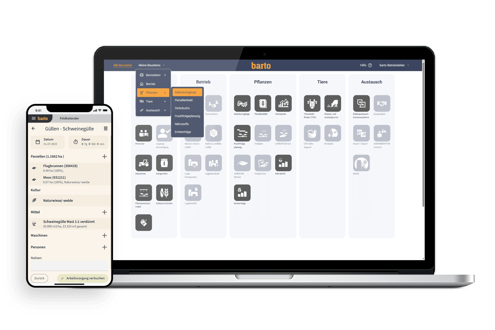 Ein Smartphone und ein Laptop zeigen das Dashboard der barto Farm Management Software mit kategorisierten Symbolen und Daten für landwirtschaftliche Vorgänge wie Pflanzen, Tiere und Austauschaktivitäten.