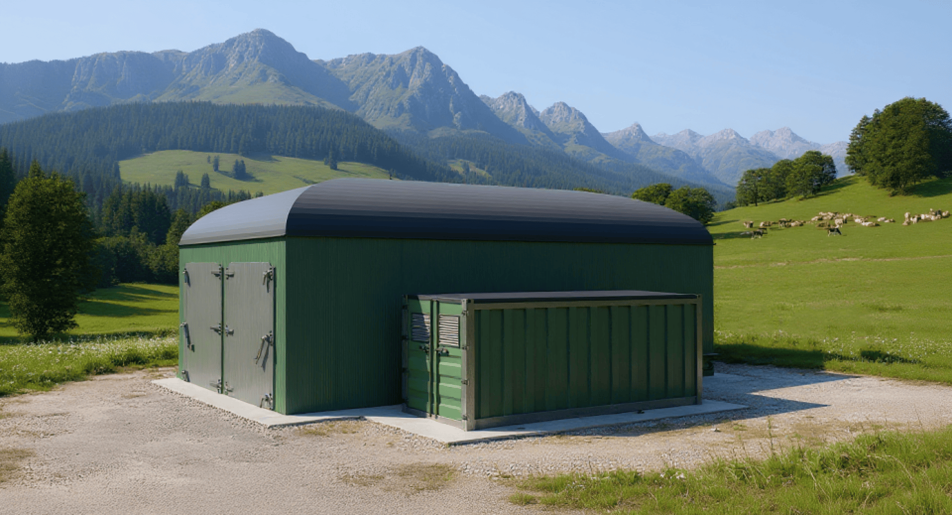 Ein grünes, rechteckiges Versorgungsgebäude mit einem geschwungenen dunklen Dach steht auf einer Kiesfläche in einer Wiese. Im Hintergrund sind sanfte Hügel, Bäume und zerklüftete Berge unter einem klaren Himmel zu sehen.