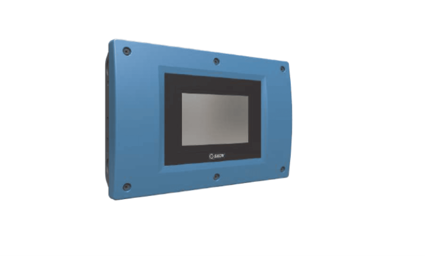 Ein rechteckiges blaues elektronisches Gerät mit einem schwarz umrandeten Touchscreen-Display in der Mitte, das mit Schrauben in jeder Ecke befestigt ist, dargestellt vor einem weißen Hintergrund.