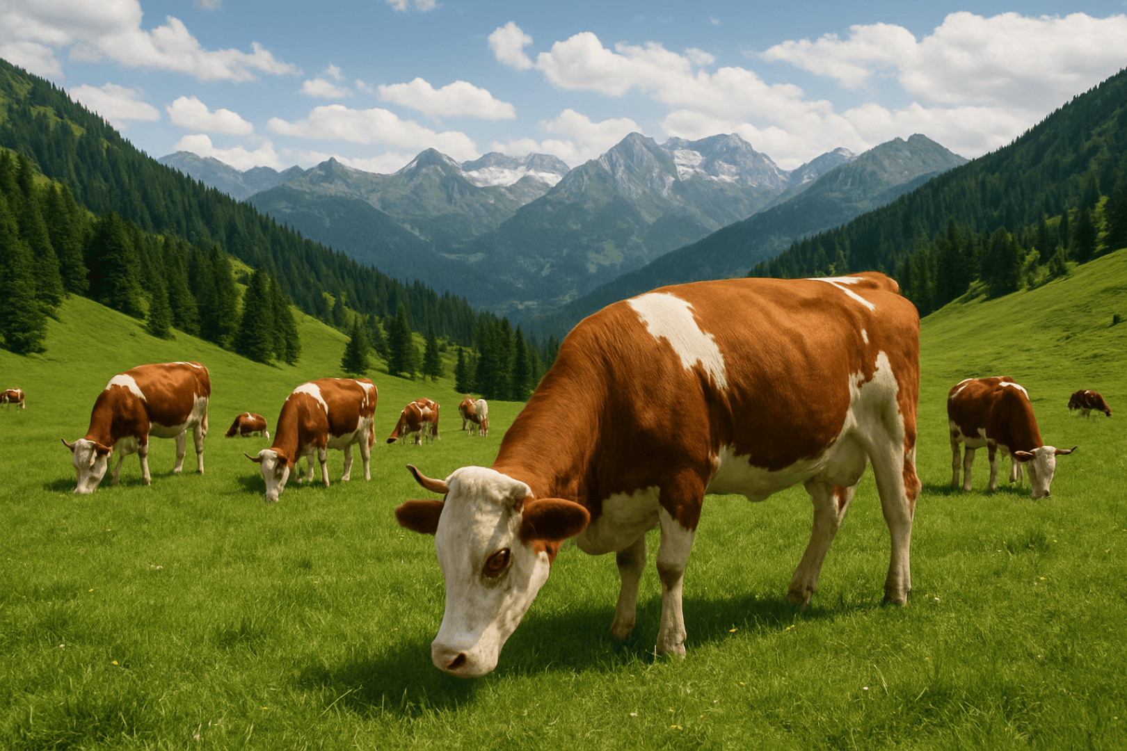 Eine Herde brauner und weißer Kühe grast auf einer saftig grünen Wiese mit Kiefernwäldern und hohen, schneebedeckten Bergen im Hintergrund unter einem teilweise bewölkten Himmel.