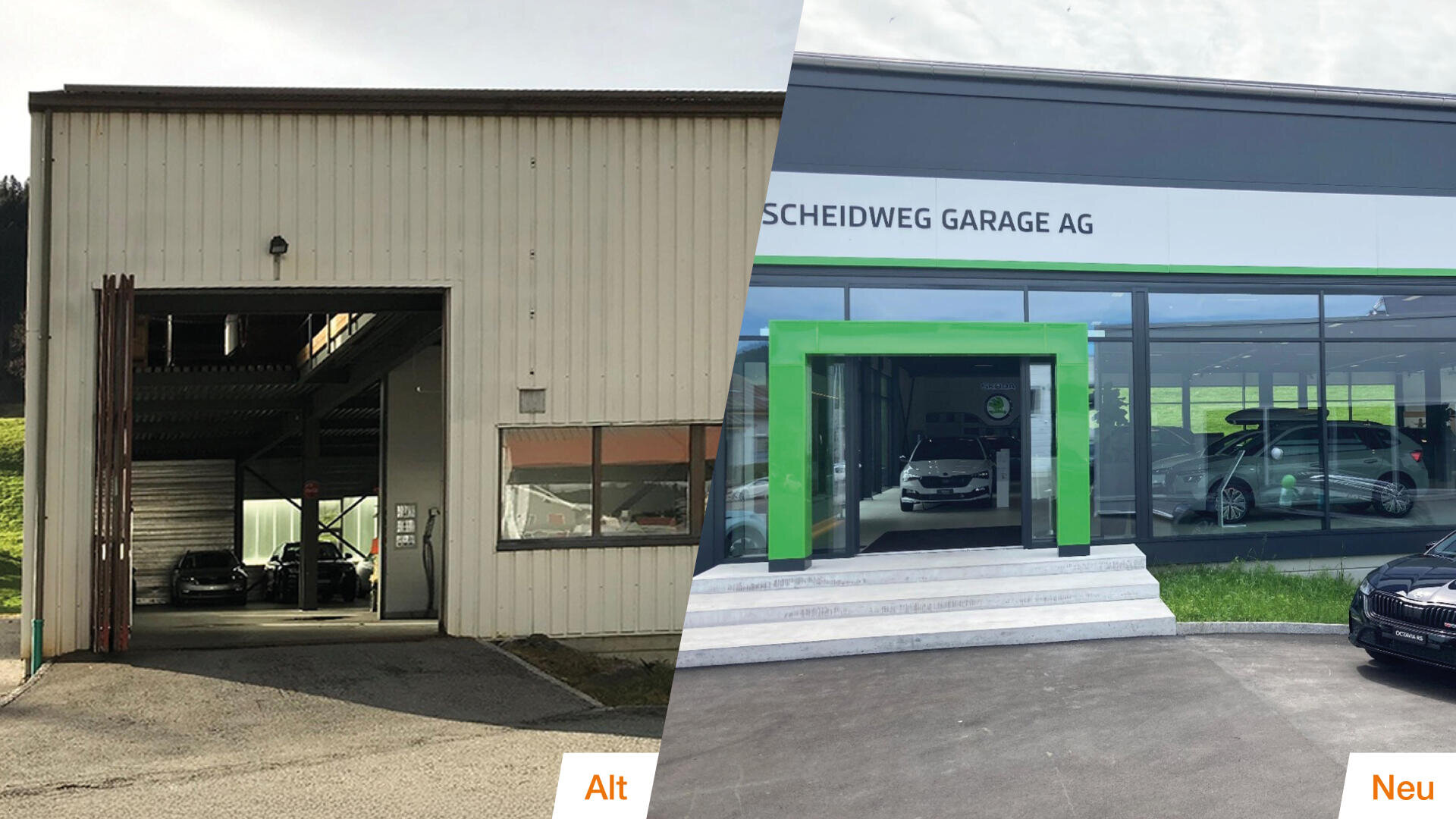 Gegenüberstellung einer schummrigen, älteren Garage mit der Bezeichnung Alt auf der linken Seite und eines modernen, hellen Autohauses mit der Bezeichnung Neu auf der rechten Seite. In beiden Gebäuden sind Autos zu sehen.