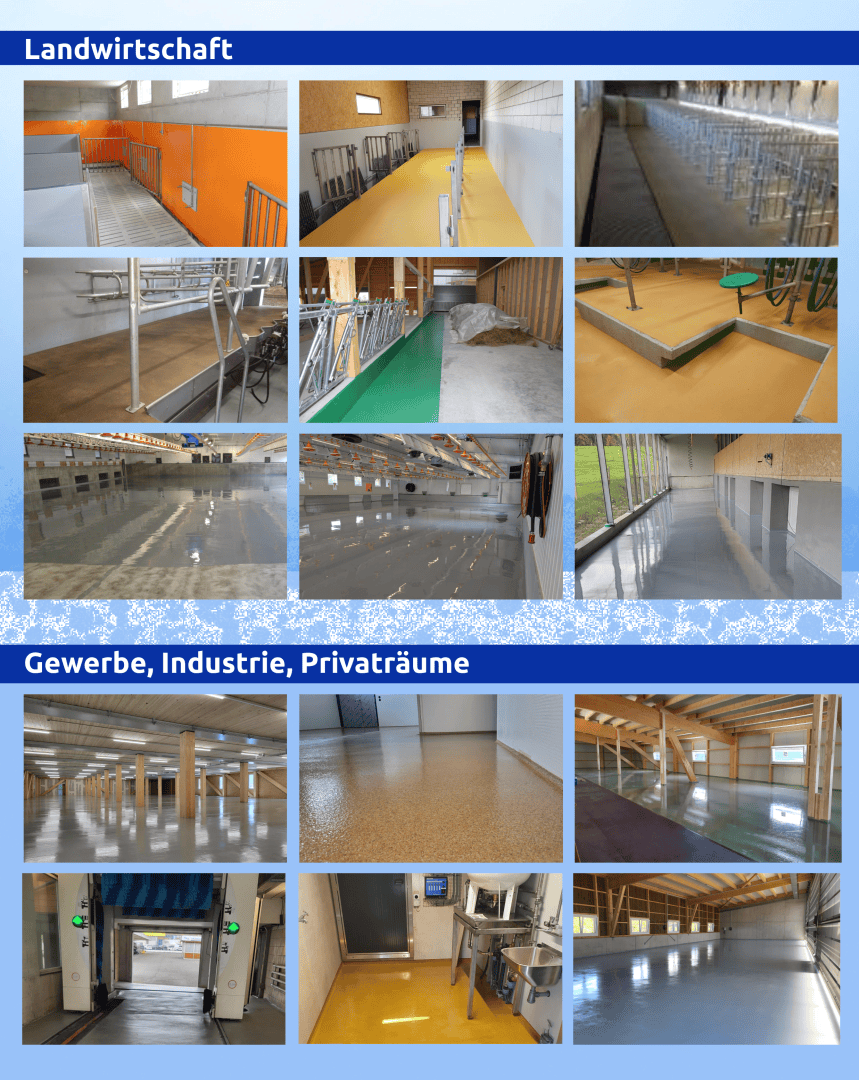 Collage von sauberen, modernen landwirtschaftlichen und industriellen Innenräumen, einschließlich Tierställen, Pferchen, Korridoren und glänzenden, polierten Böden in verschiedenen gewerblichen, industriellen und privaten Räumen. Deutsche Textüberschriften trennen die Abschnitte.