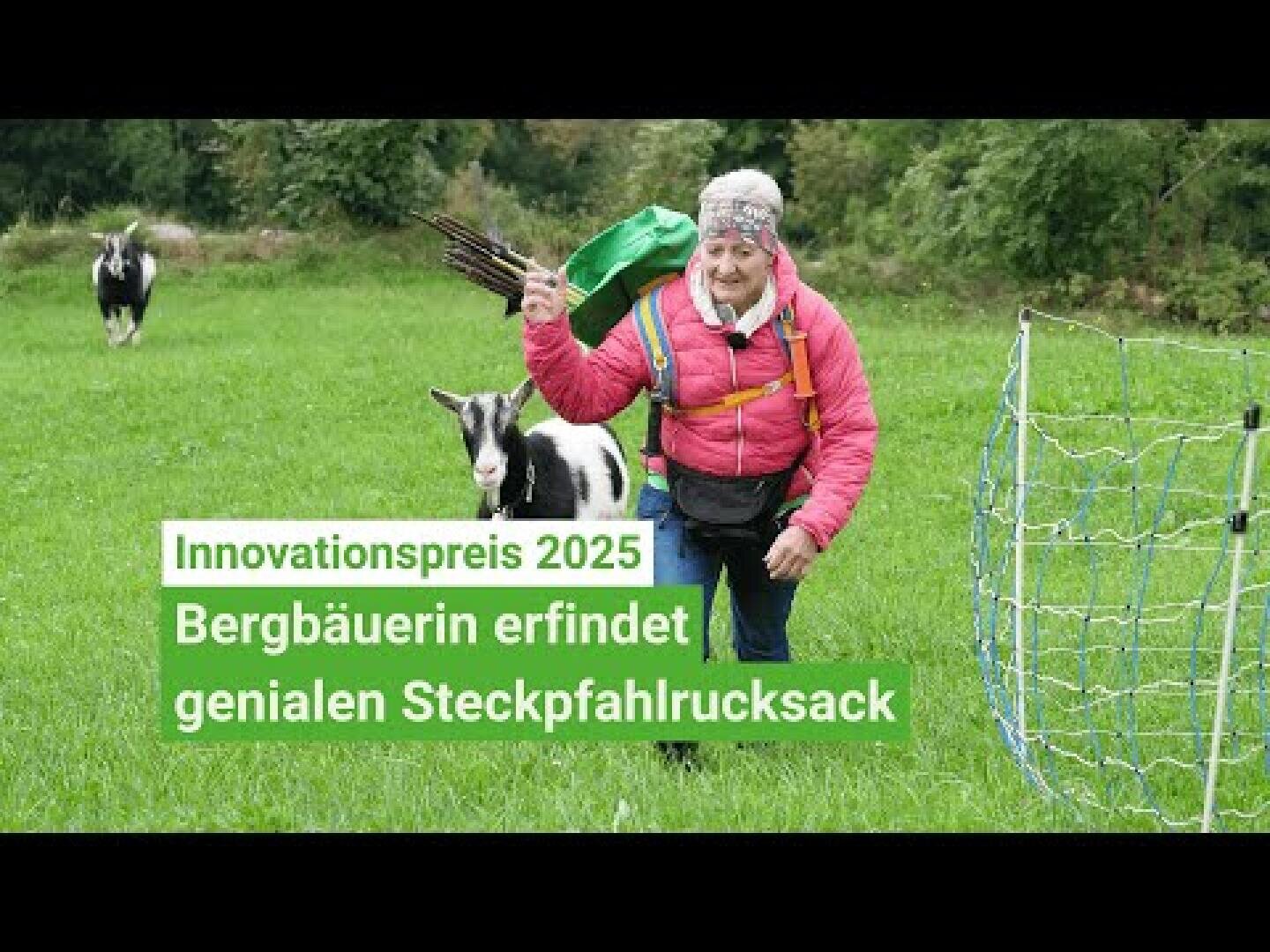 Eine ältere Frau in einer rosa Jacke und einem grünen Hut lächelt, während sie mit einem grünen Rucksack durch ein grasbewachsenes Feld mit Ziegen geht. Der deutsche Text lautet: Innovationspreis 2025: Bergbäuerin erfindet genialen Steckpfahlrucksack.