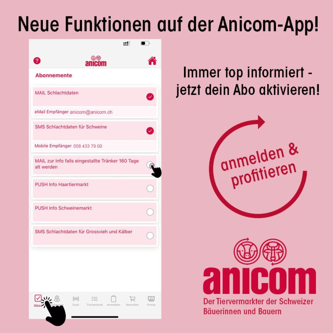 Werbeanzeige für die Anicom-App mit neuen Abo-Funktionen, darunter Benachrichtigungen per E-Mail und SMS. Text: "Immer top informiert - jetzt dein Abo aktivieren! anmelden & profitieren". Anicom-Logo unten.