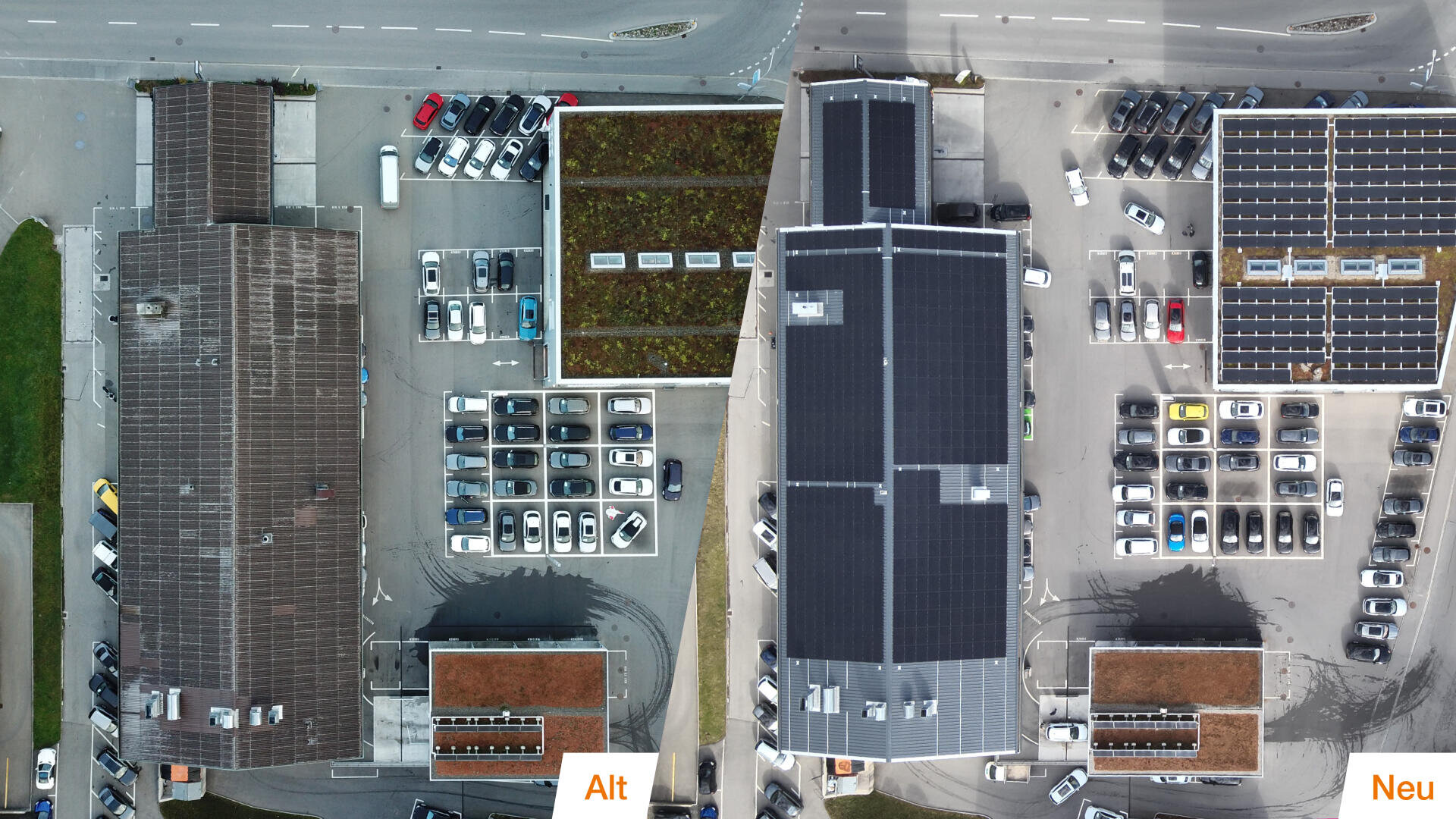 Luftaufnahme, die zwei Parkplätze und Gebäude vergleicht: Die linke Seite zeigt alte Dächer mit wenigen Solarzellen, während die rechte Seite neue Dächer zeigt, die vollständig mit Solarzellen bedeckt sind. Die Beschriftungen "Alt" und "Neu" befinden sich in den unteren Ecken.
