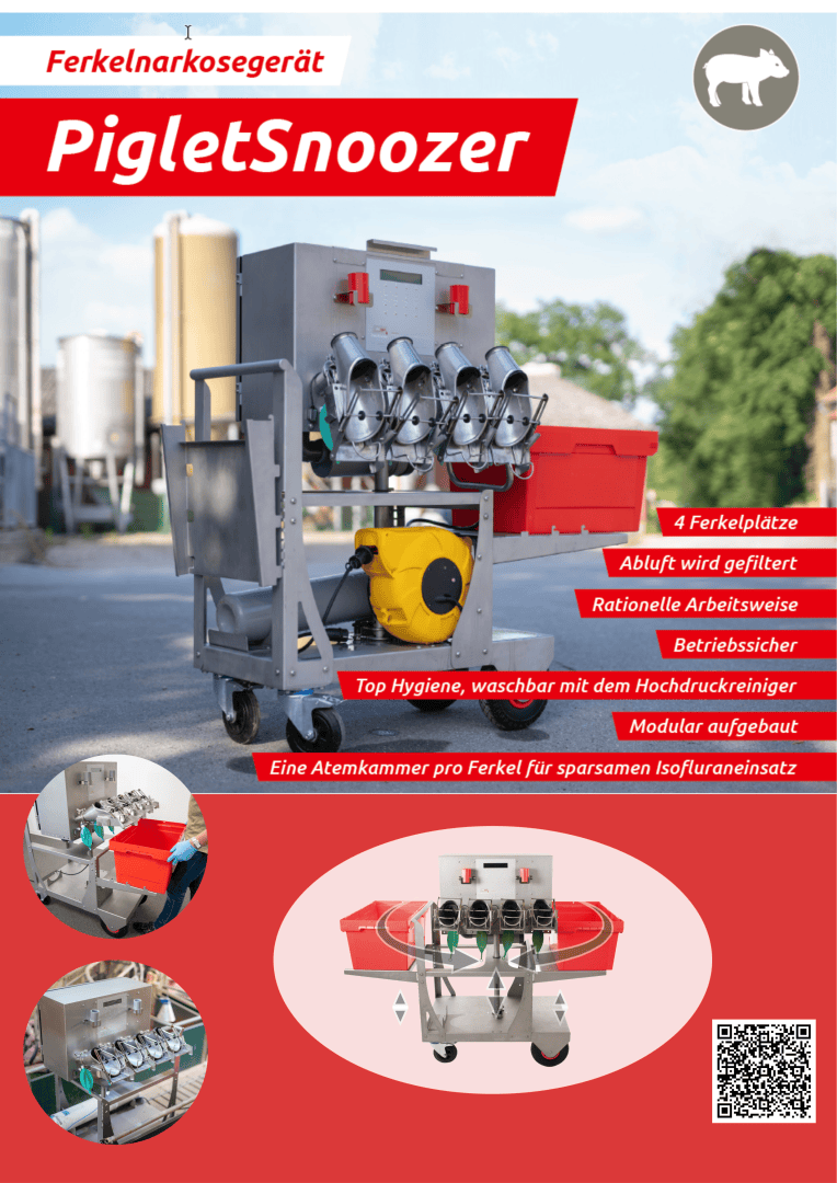 Ein Gerät mit der Bezeichnung PigletSnoozer mit Fächern und Schalen, das für die Anästhesie von Ferkeln entwickelt wurde, steht im Freien. Kreisförmige Einschübe zeigen Nahansichten und die Verwendung. Der Text hebt die Funktionen in deutscher Sprache hervor; in der Ecke erscheint ein Schweinesymbol.