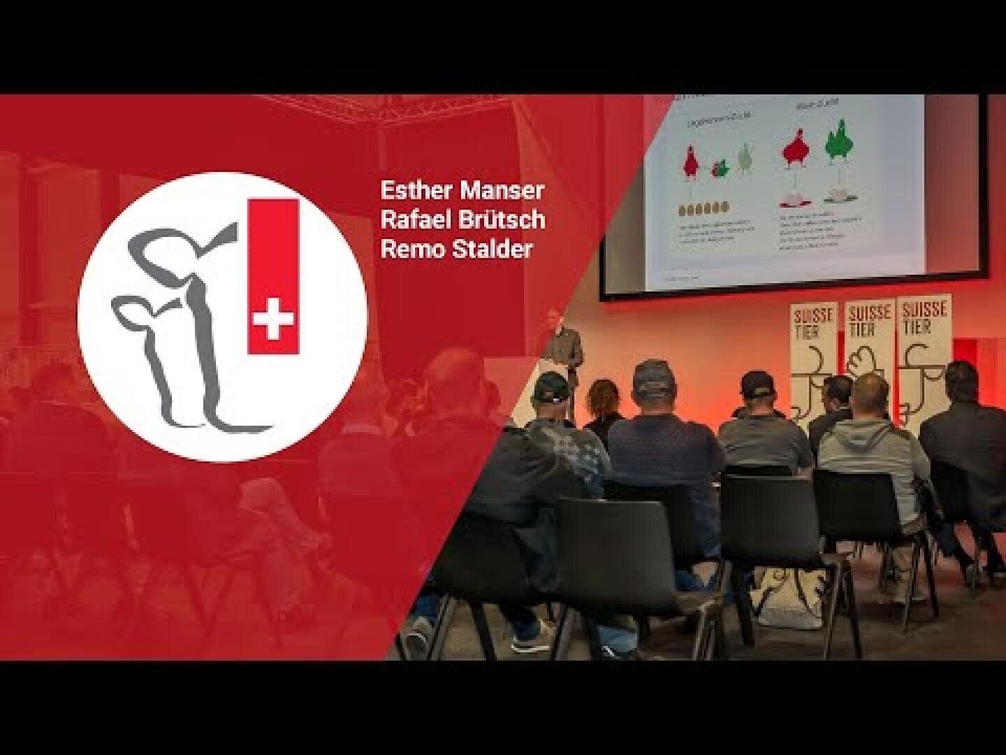 Ein Redner hält einen Vortrag vor einem Publikum in einem Konferenzraum. Eine Folie zeigt Daten und Baumgrafiken. Auf der linken Seite zeigt ein rotes Banner die Umrisse eines Hundes und einer Person mit einem Schweizer Kreuz sowie Namen: Esther Manser, Rafael Brütsch, Remo Stalder.