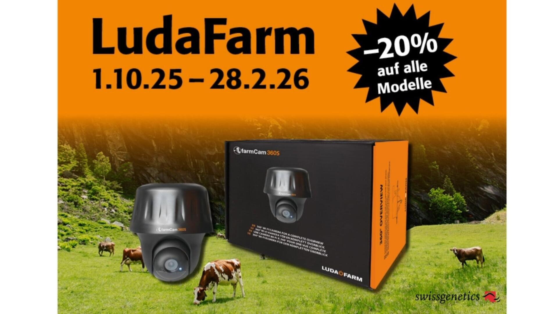 Werbung mit orangefarbenem Hintergrund, die Kühe auf einer Weide zeigt. Im Vordergrund ist eine LudaFarm FarmCam 360S Sicherheitskamera und die dazugehörige Box zu sehen. Der Text wirbt für "20% Rabatt auf alle Modelle" und nennt die Daten 1.10.25-28.2.26.