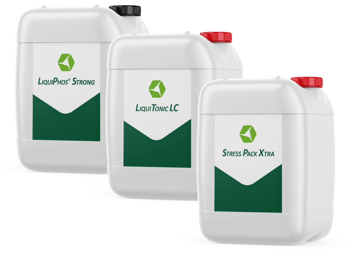Drei weiß-grüne Behälter mit den Etiketten LiquiPhos Strong, LiquiTonic LC und Stress Pack Xtra, jeweils mit Schraubverschluss, sind nebeneinander vor einem hellen Hintergrund abgebildet.