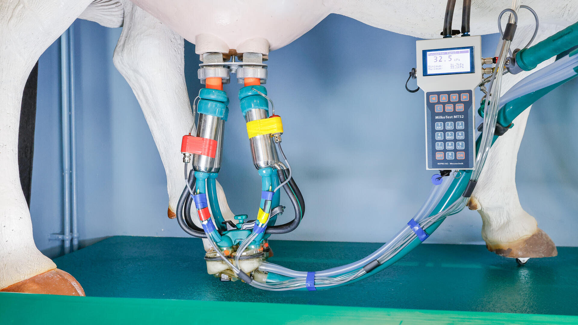 Nahaufnahme einer Kuh, die mit einer modernen Melkmaschine gemolken wird. Zu sehen sind Schläuche, die an den Eutern befestigt sind, und ein digitales Bedienfeld, das Informationen anzeigt.