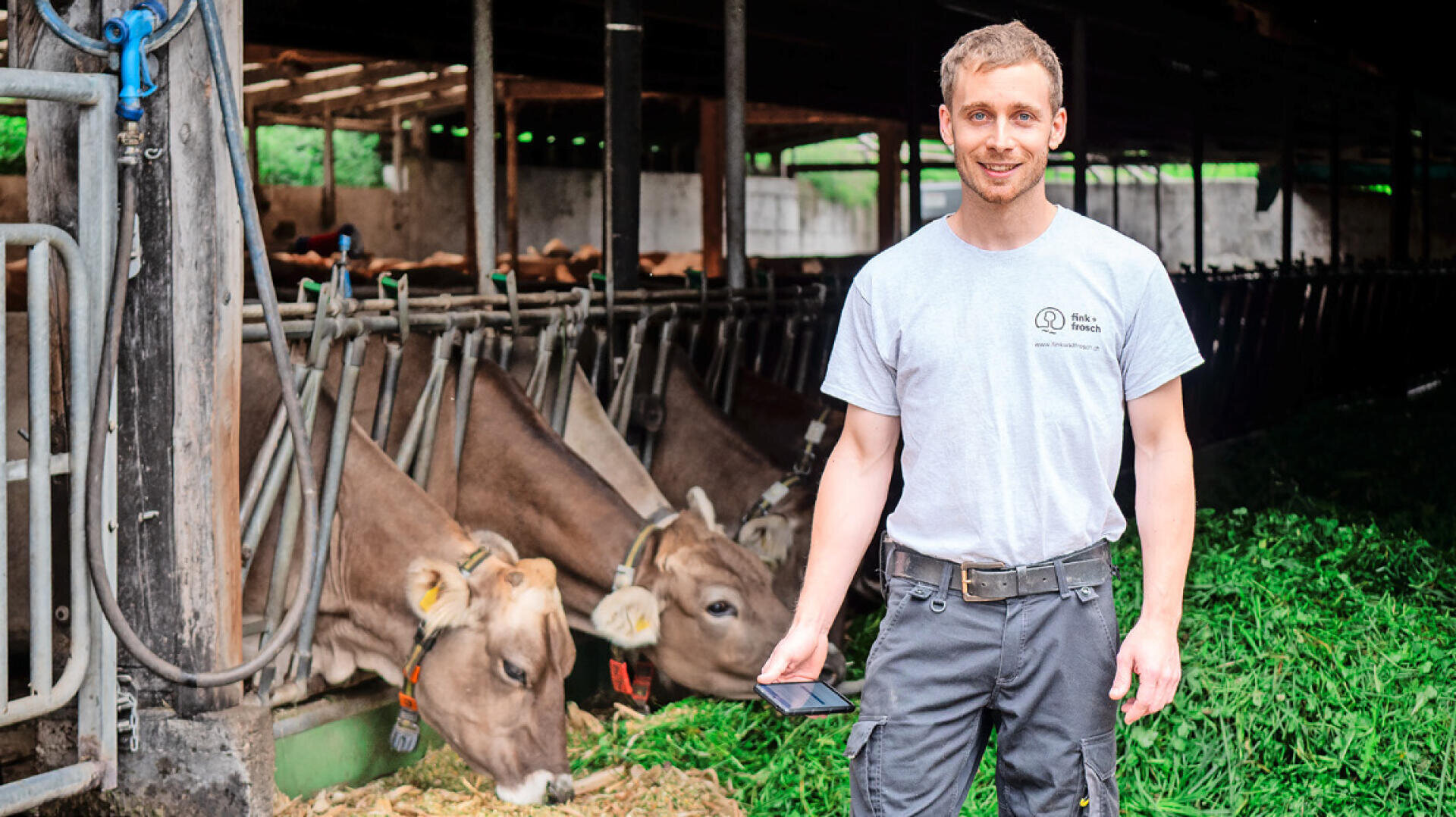 Ein lächelnder Mann in einem grauen T-Shirt steht mit einer Tafel in der Hand vor Kühen, die in einem Stall Gras fressen. Im Hintergrund sind Fressställe und ein teilweise offenes Gebäude zu sehen.