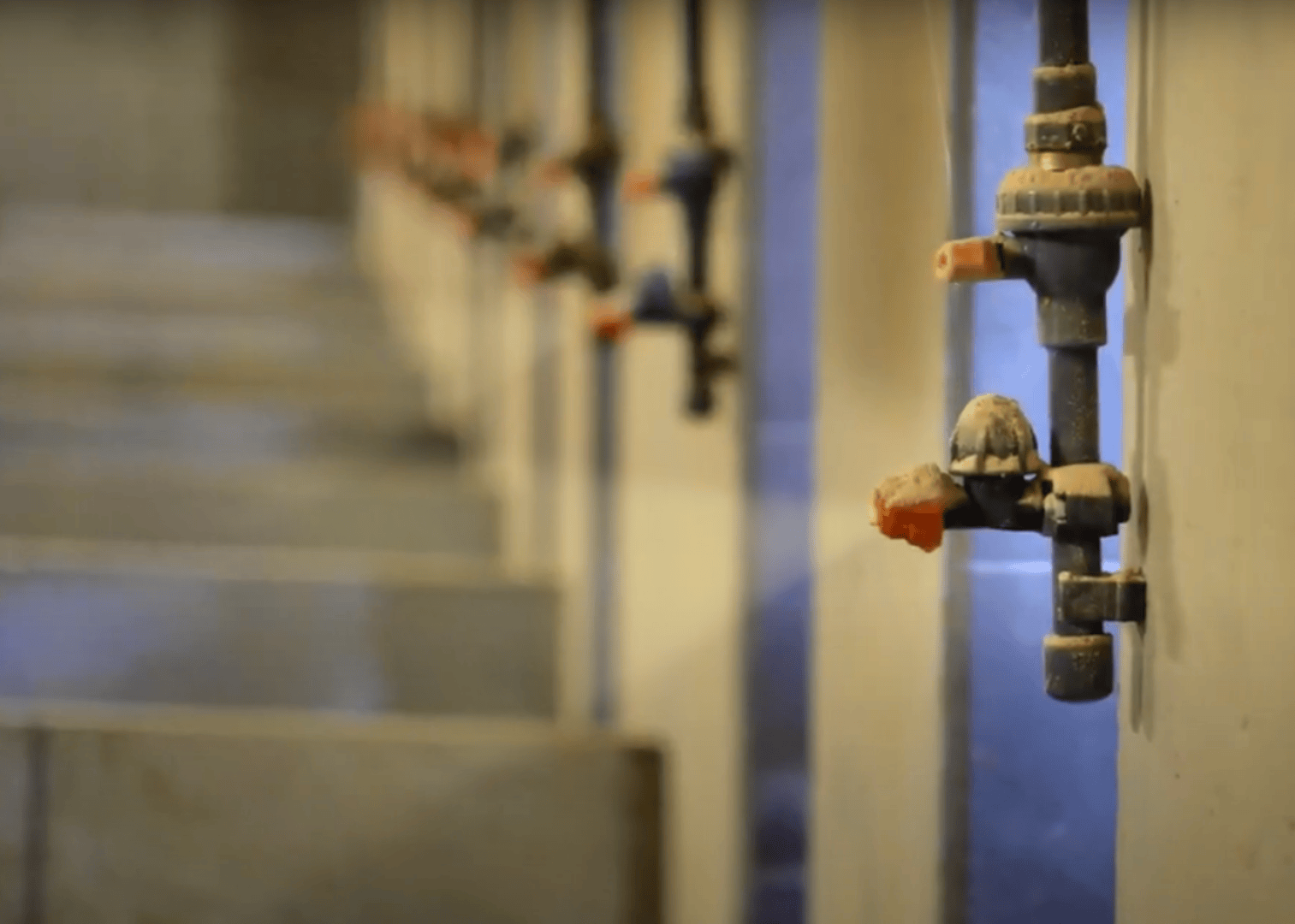 Nahaufnahme einer Reihe von industriellen Wasserventilen, die an einer Wand befestigt sind, mit Fokus auf das Ventil im Vordergrund, während andere im Hintergrund verschwommen sind. Die Szene scheint sich innerhalb einer Anlage oder eines Werks zu befinden.