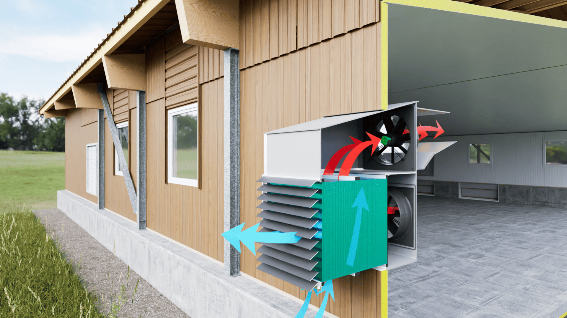 Ein Schnitt durch ein Holzgebäude zeigt ein Lüftungssystem mit Ventilatoren und Pfeilen, die den Luftstrom durch die Zu- und Abluftöffnungen in den Innenraum zeigen.