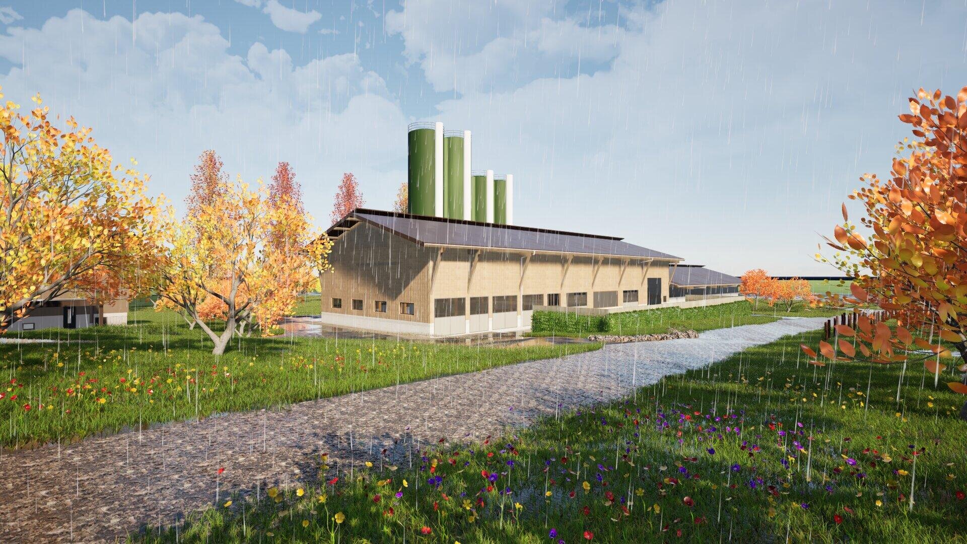 Eine moderne Scheune mit grünen Silos liegt an einem Kiesweg, umgeben von grünem Gras, bunten Herbstbäumen, Wildblumen und Regenfällen unter einem teilweise bewölkten Himmel.