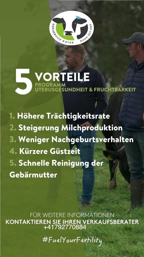 Infografik mit einem Kuh-Logo und dem Titel 5 Vorteile Programm Eutergesundheit & Fruchtbarkeit, in der die Vorteile für Kühe aufgeführt sind: höhere Trächtigkeitsrate, höhere Milchproduktion, weniger Nachgeburtsverhaltung, kürzere Trockenstehzeit, schnellere Erholung der Gebärmutter.