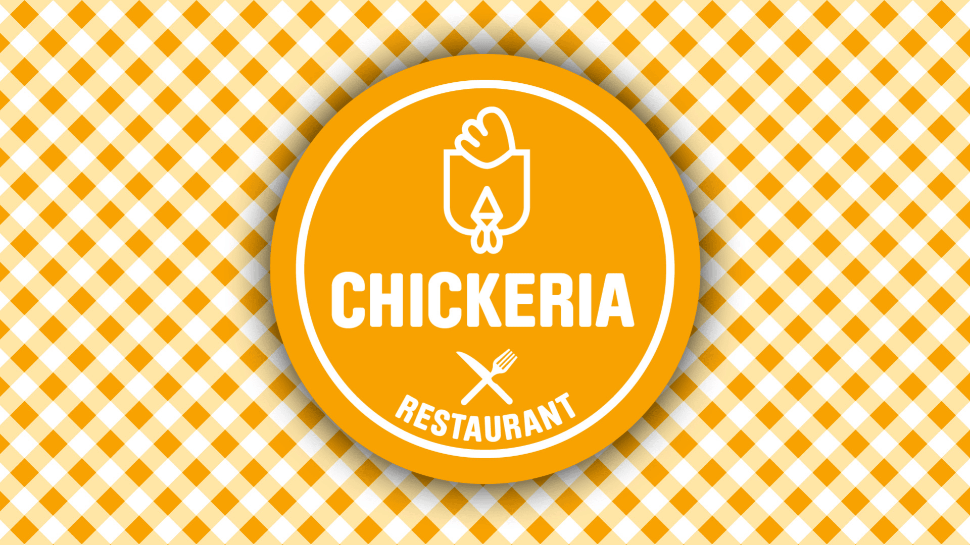 Ein orangefarbenes, kreisförmiges Logo mit einem Hühnchen-Symbol und dem Wort CHICKERIA in fetten weißen Buchstaben, über dem Wort RESTAURANT mit Gabel und Messer, auf einem gelb-weiß karierten Hintergrund.