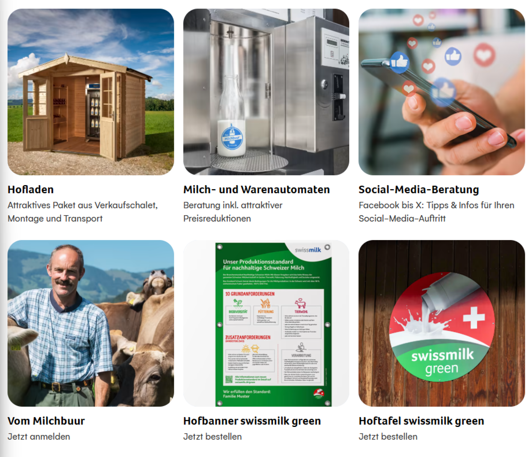 Eine Collage mit sechs Bildern: ein kleiner hölzerner Hofladen, ein Milchautomat, eine Hand, die ein Telefon für Social-Media-Beratung hält, ein lächelnder Bauer mit Kühen, ein grünes Werbebanner und ein grünes Logo von swissmilk.